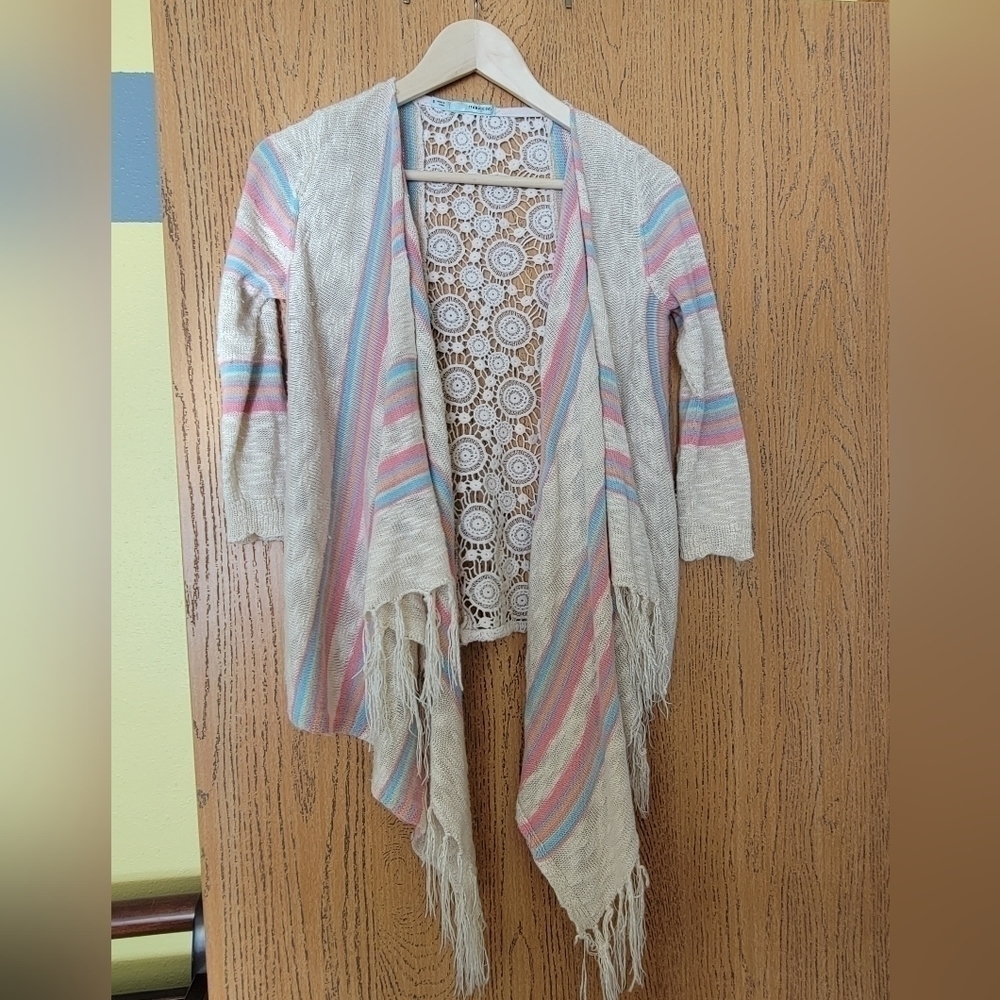 Maurices lace panel fringe hem cream rainbow waterfall cardigan 3/4 sleeve S